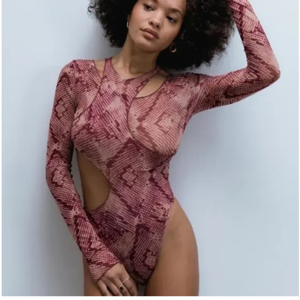 Urban Outfitters Red Mesh Snake Print Long Sleeve Bodysuit with High-Cut Design